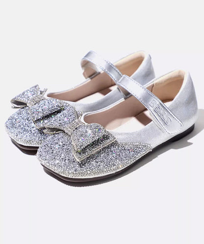 Vogue Silvery Bow Silvery Splicing Buckle Strap Flat Feet Shoes