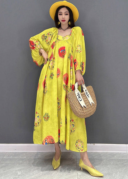 Vogue Yellow O-neck Print Chiffon Dresses Long Sleeve