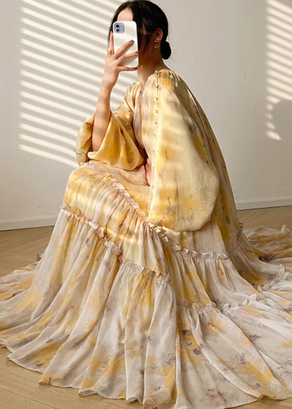Vogue Yellow O-neck Print Tie Waist Chiffon Maxi Dresses Long Sleeve