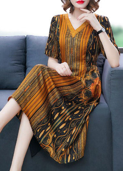 Vogue Yellow V Neck Striped Print Silk Dress Short Sleeve