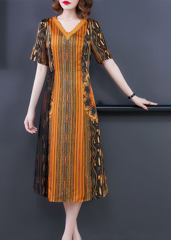 Vogue Yellow V Neck Striped Print Silk Dress Short Sleeve