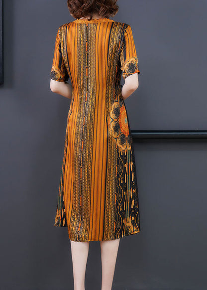 Vogue Yellow V Neck Striped Print Silk Dress Short Sleeve
