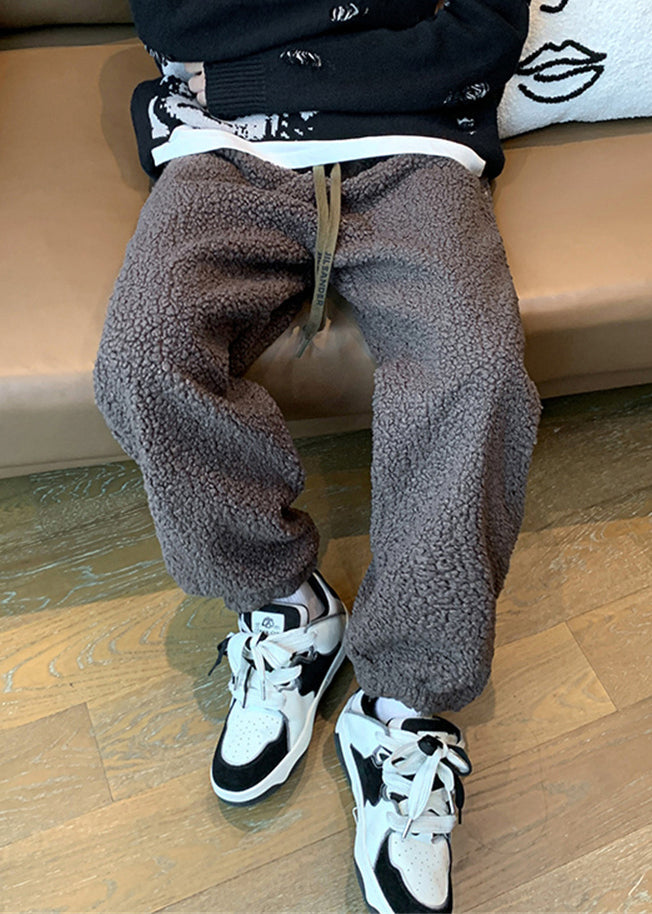 Warm Coffee Elastic Waist Teddy Faux Fur Beam Pants Winter