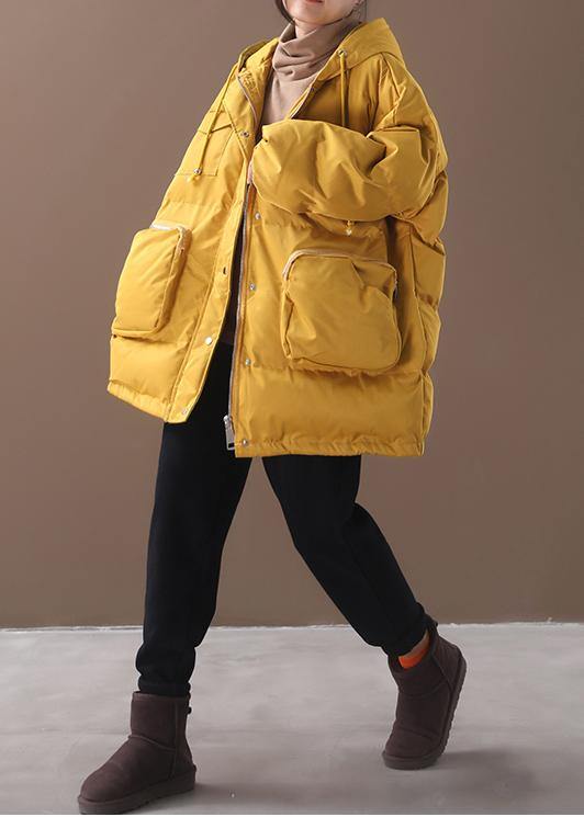 Warm Loose-fitting Snow Jackets Drawstring Hem Outwear Yellow Hooded Short Coats