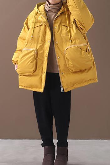 Warm Loose-fitting Snow Jackets Drawstring Hem Outwear Yellow Hooded Short Coats