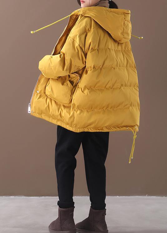 Warm Loose-fitting Snow Jackets Drawstring Hem Outwear Yellow Hooded Short Coats