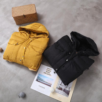 Warm Loose-fitting Snow Jackets Drawstring Hem Outwear Yellow Hooded Short Coats