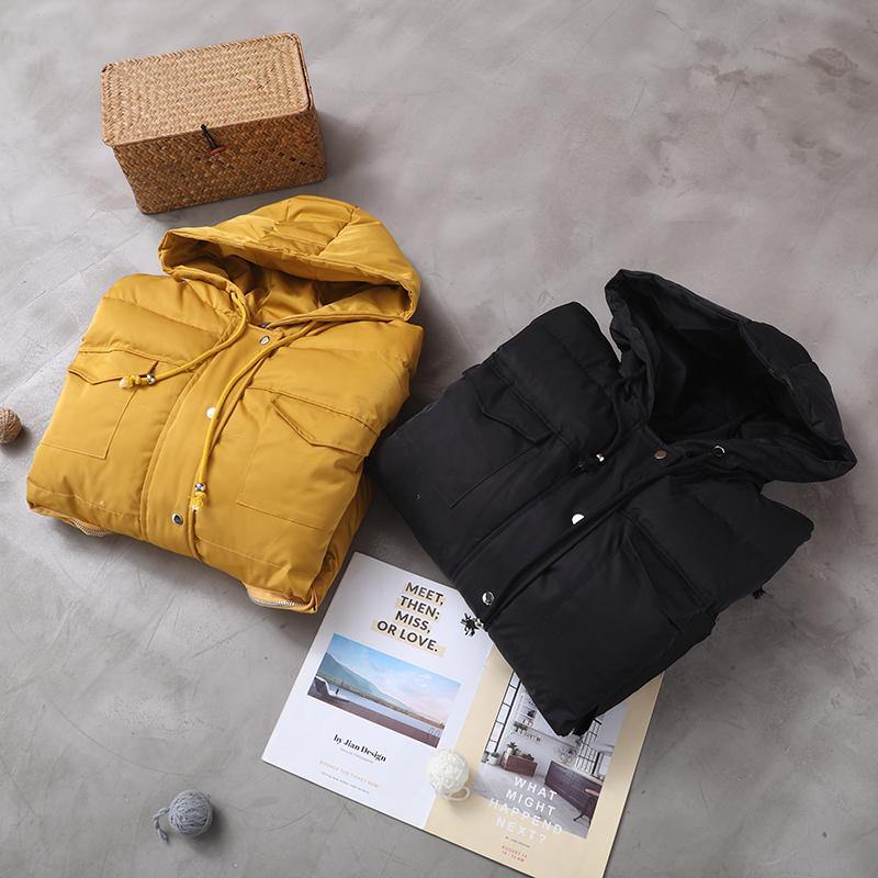 Warm Loose-fitting Snow Jackets Drawstring Hem Outwear Yellow Hooded Short Coats