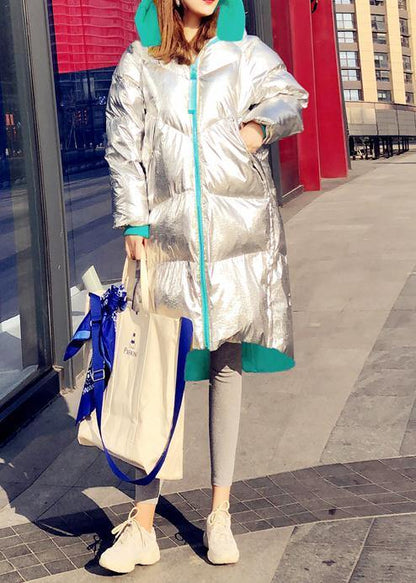 Warm Loose Fitting Silver Patchwork Green Hooded Zippered Goose Down Coat