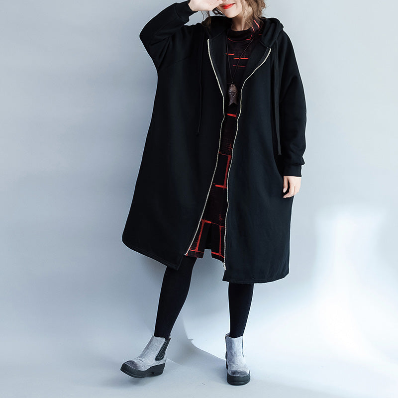 Warm Black Parkas for Hooded Coats Jacket Side Open Overcoat
