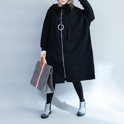 Warm Black Parkas for Hooded Coats Jacket Side Open Overcoat