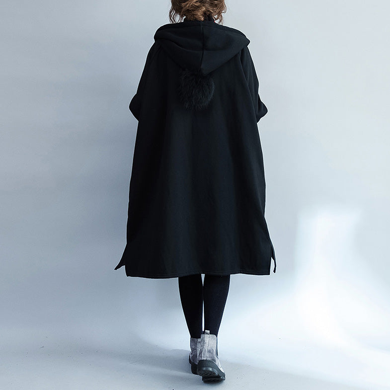 Warm Black Parkas for Hooded Coats Jacket Side Open Overcoat