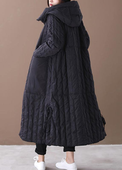 Warm Black Coat Loose Fitting Winter Jacket Hooded Large Pockets New Winter Outwear