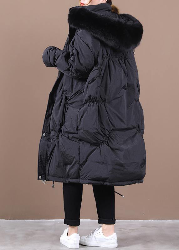 Warm Black Down Jacket Woman Winter Down Jacket Hooded Cinched Outwear