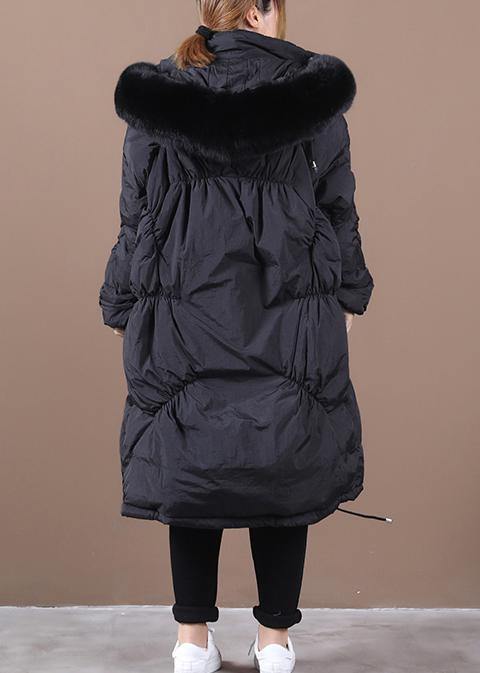 Warm Black Down Jacket Woman Winter Down Jacket Hooded Cinched Outwear