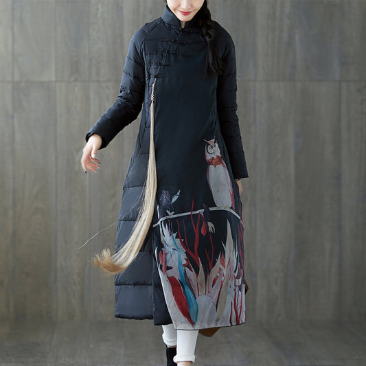 Warm Black Print Down Coat Oversized Stand Collar Patchwork Down Jacket Chinese Button Down Coat