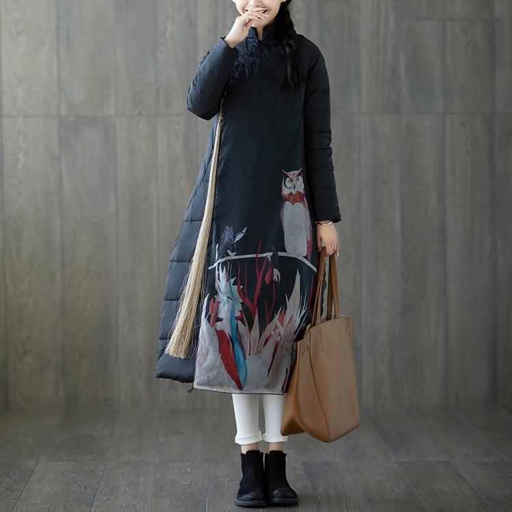 Warm Black Print Down Coat Oversized Stand Collar Patchwork Down Jacket Chinese Button Down Coat
