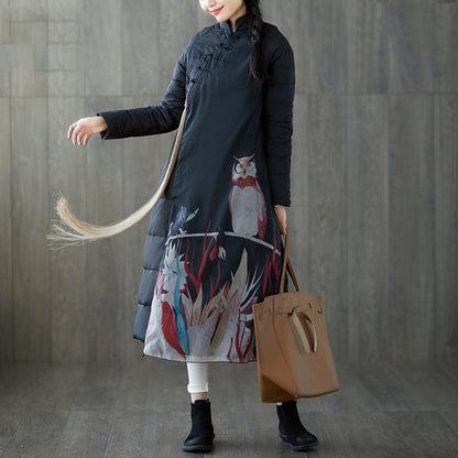 Warm Black Print Down Coat Oversized Stand Collar Patchwork Down Jacket Chinese Button Down Coat