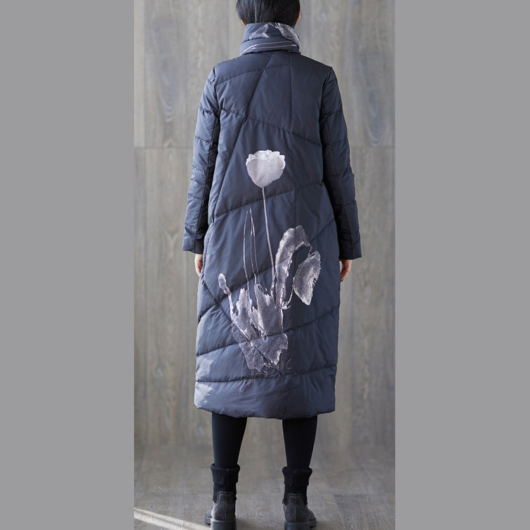 Warm Black Print Down Coat Oversized Tassel Quilted Coat Fine Pockets Down Coat