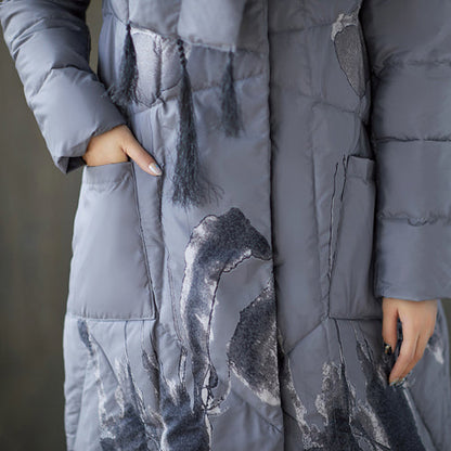 Warm Black Print Down Coat Oversized Tassel Quilted Coat Fine Pockets Down Coat