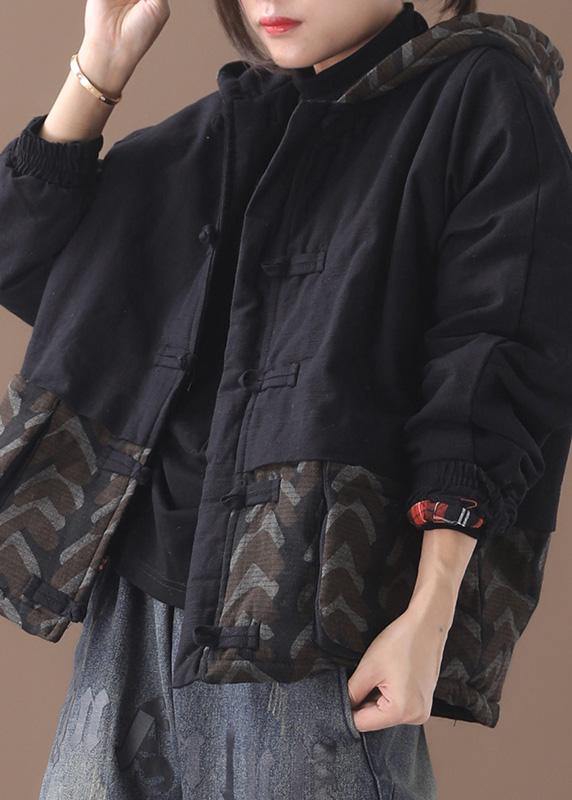 Warm Black Parka Jackets & Coats Patchwork Hooded Short Outwear