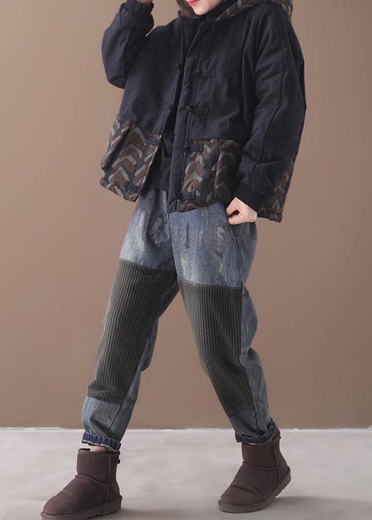Warm Black Parka Jackets & Coats Patchwork Hooded Short Outwear