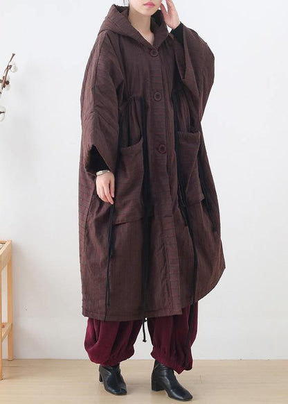 Warm Chocolate Striped Coat Loose Fitting Snow Hooded Drawstring Coats