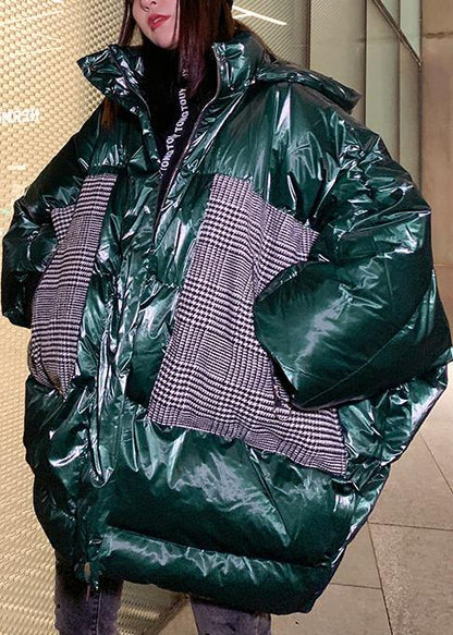 Warm Green Patchwork Winter Parkas Oversize Down Jacket Overcoat Hooded
