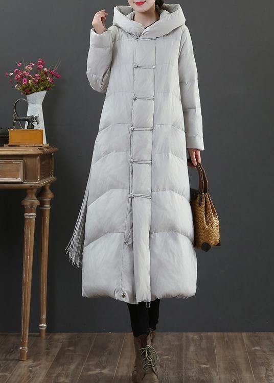 Warm Light Gray Duck Down Coat Winter Jacket Hooded Zippered Overcoat
