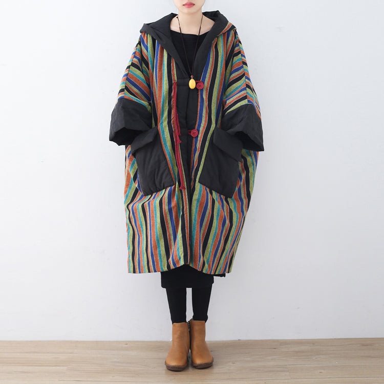 Warm Orange Striped Parka Quilted Coat Hooded