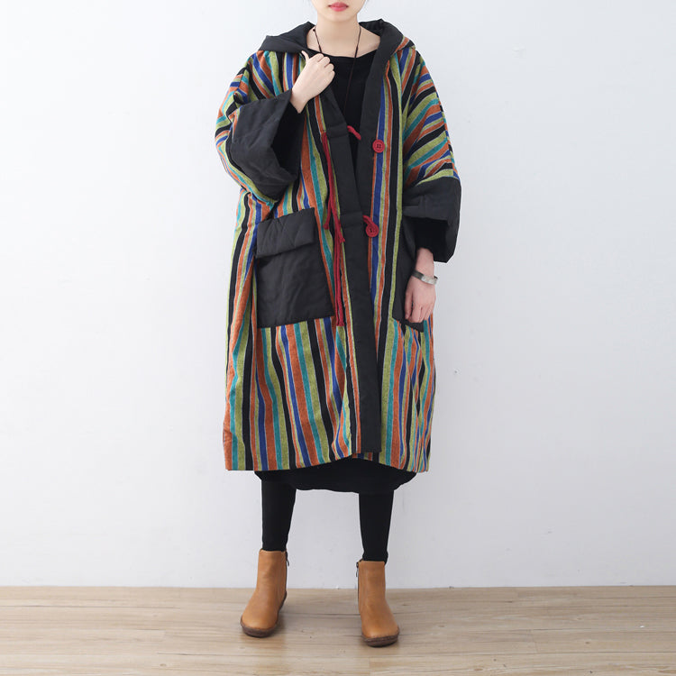 Warm Orange Striped Parka Quilted Coat Hooded