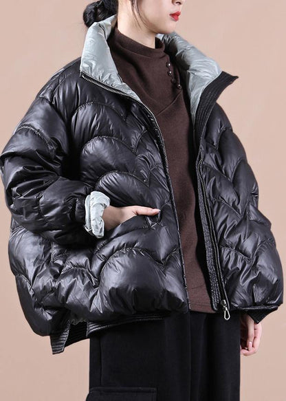 Warm Oversize Snow Jackets Overcoat Black Stand Collar Zippered Warm Winter Coat