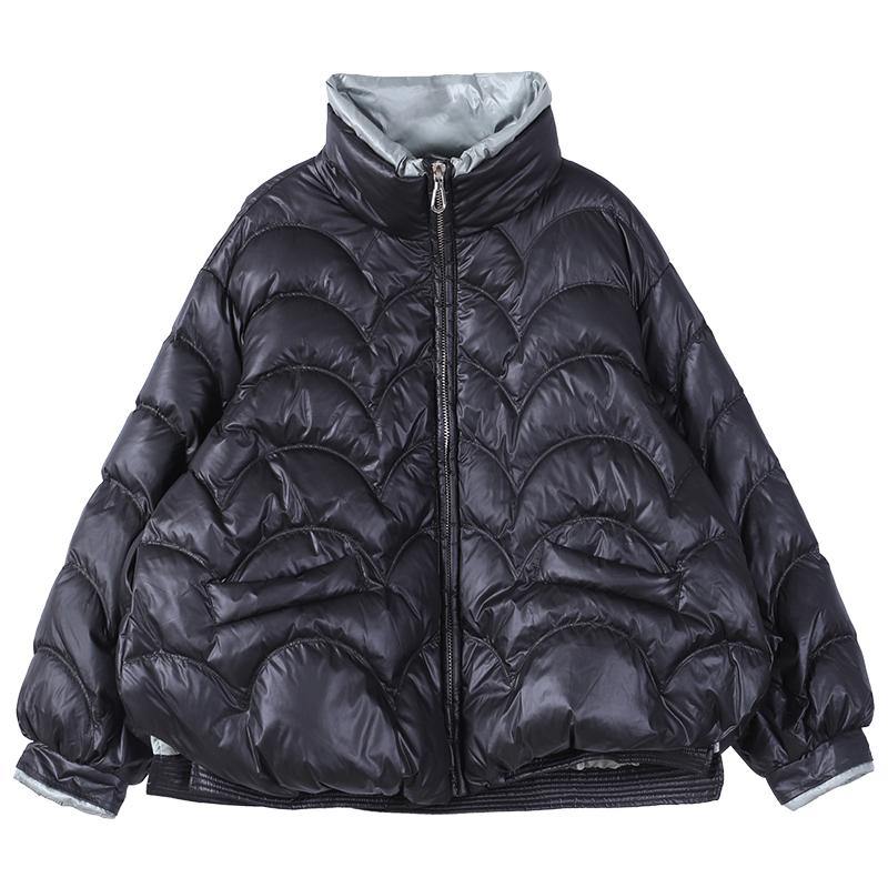 Warm Oversize Snow Jackets Overcoat Black Stand Collar Zippered Warm Winter Coat