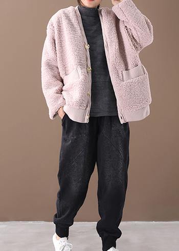 Warm Oversized Warm Winter Coat Outwear Pink V Neck Thick Winter Jacket