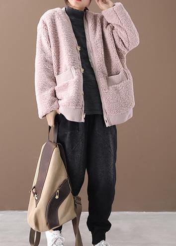 Warm Oversized Warm Winter Coat Outwear Pink V Neck Thick Winter Jacket