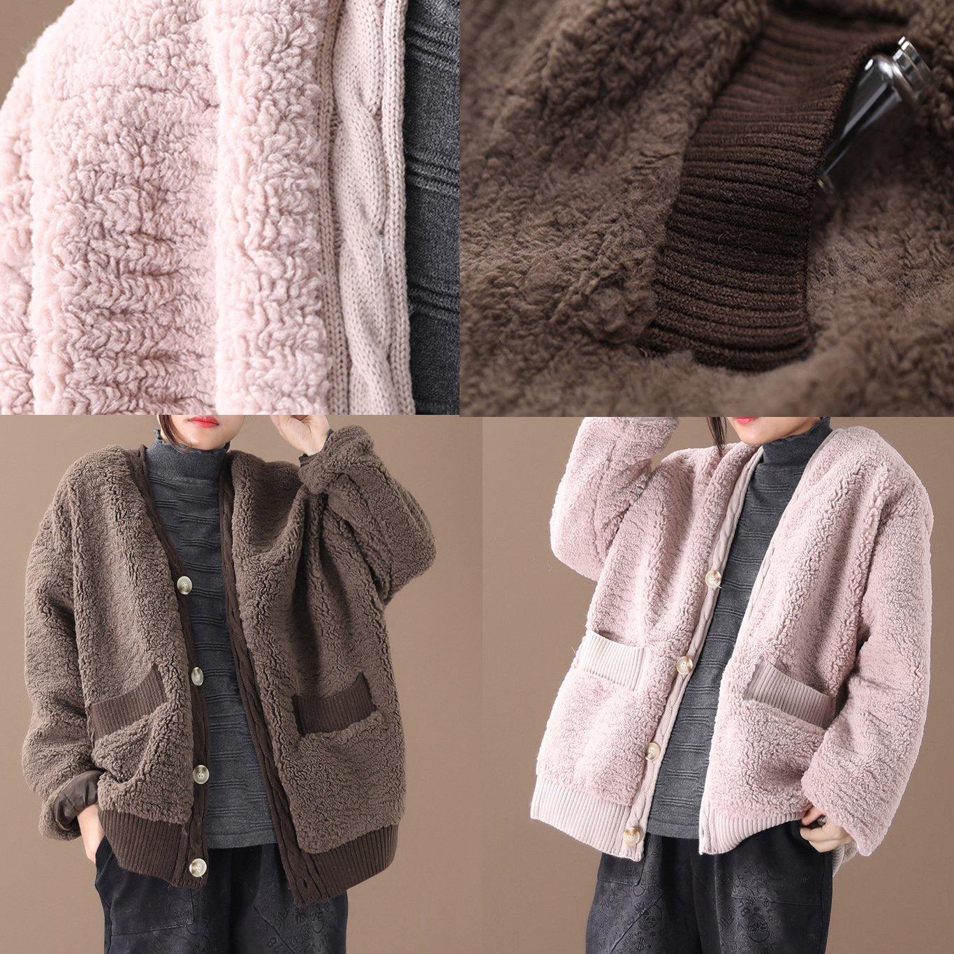 Warm Oversized Warm Winter Coat Outwear Pink V Neck Thick Winter Jacket
