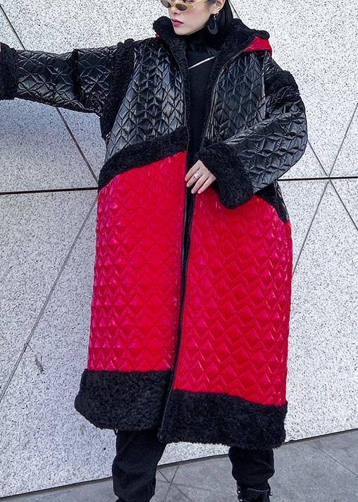 Warm Down Jacket Hooded Coats Red Patchwork Outfit
