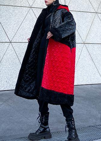 Warm Down Jacket Hooded Coats Red Patchwork Outfit