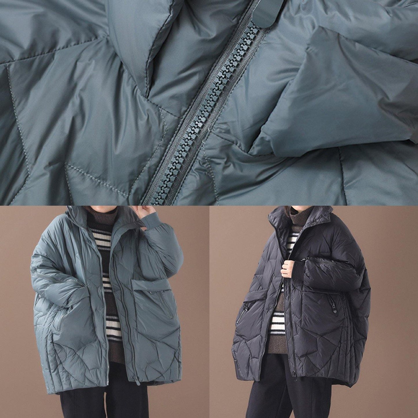 Warm Down Jacket Stand Collar Black Zippered Duck Down Coat