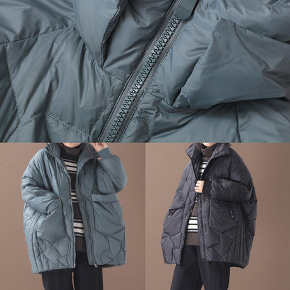 Warm Down Jacket Stand Collar Black Zippered Duck Down Coat