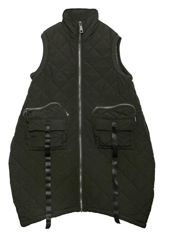 Warm Winter Outwear Green Stand Collar Pockets Sleeveless Parkas