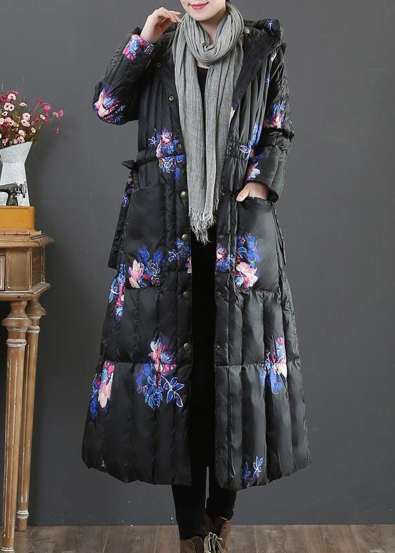 Warm Parka Coats Black Print Hooded Pockets Goose Down Coat