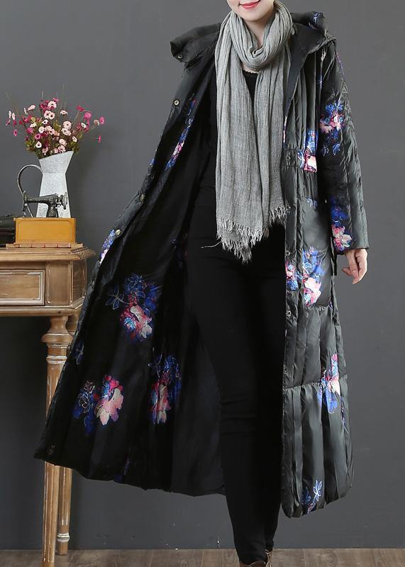 Warm Parka Coats Black Print Hooded Pockets Goose Down Coat