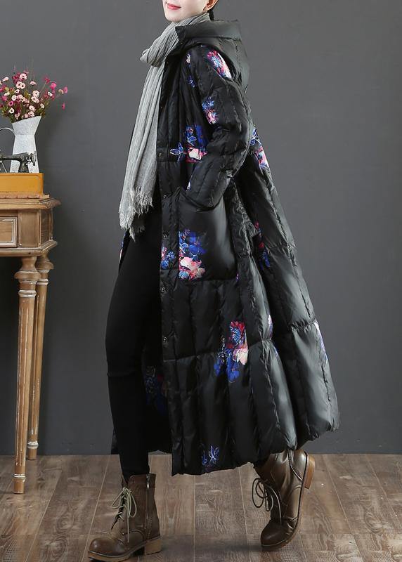 Warm Parka Coats Black Print Hooded Pockets Goose Down Coat
