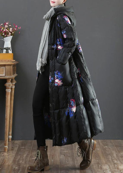 Warm Parka Coats Black Print Hooded Pockets Goose Down Coat