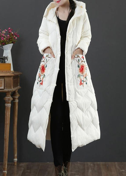 Warm Parka Winter Outwear Beige Embroidery Hooded Duck Down Coat