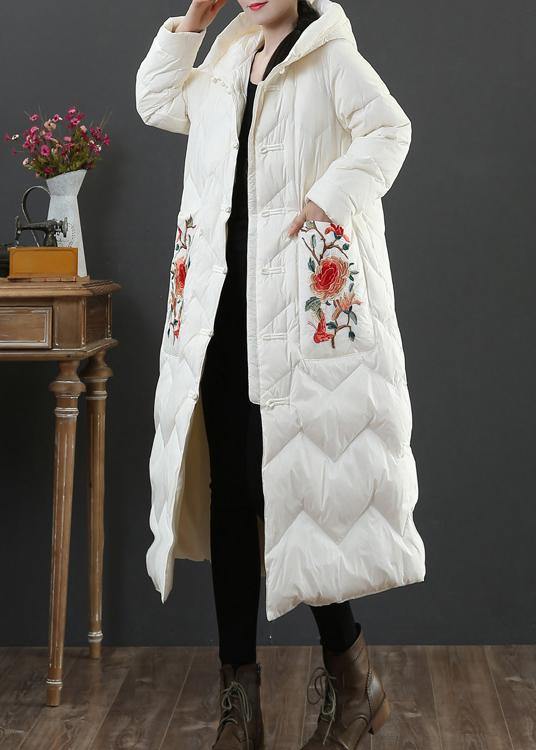 Warm Parka Winter Outwear Beige Embroidery Hooded Duck Down Coat