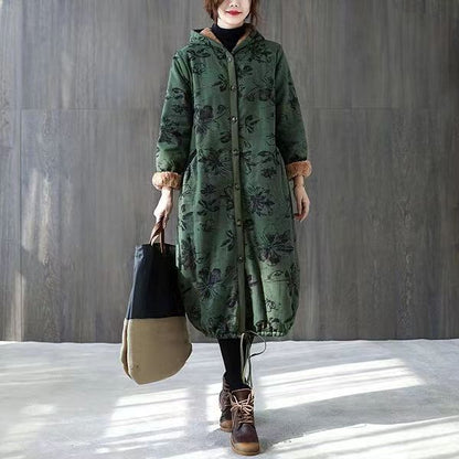 Warm Green Print Parkas for Loose Fitting Down Jacket Hooded Pockets Winter Coats