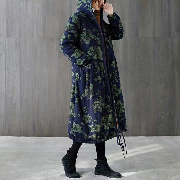 Warm Green Print Parkas for Loose Fitting Down Jacket Hooded Pockets Winter Coats