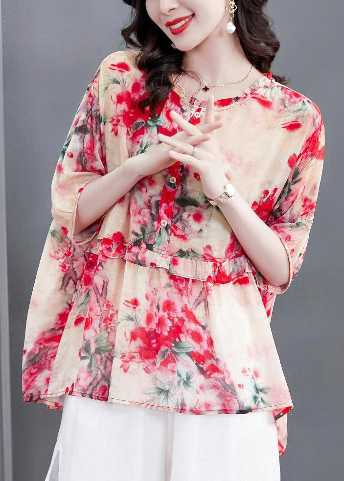 Watermelon Red O-neck Button Chiffon Shirt Short Sleeve